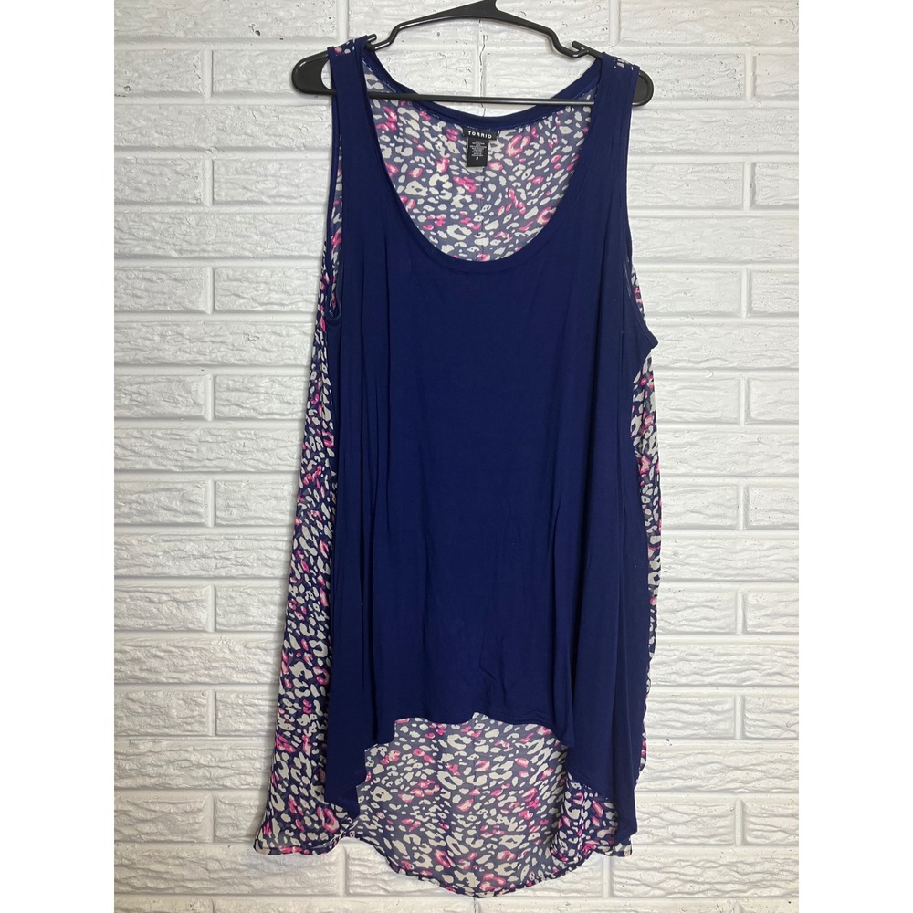 Torrid Tank Top Womens 2 Navy Blue Excellent Leopard Print High Low Sleeveless‎